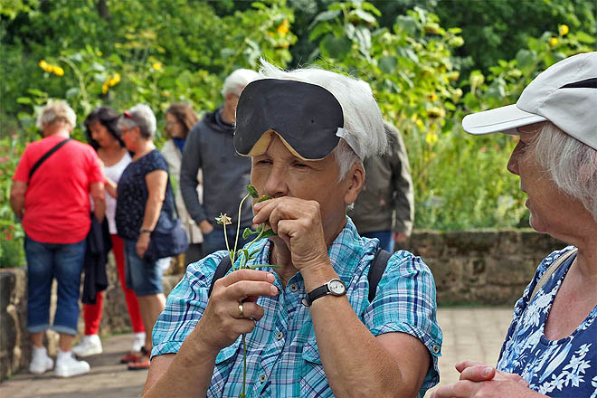 Eine Frau riecht an einer Pflanze